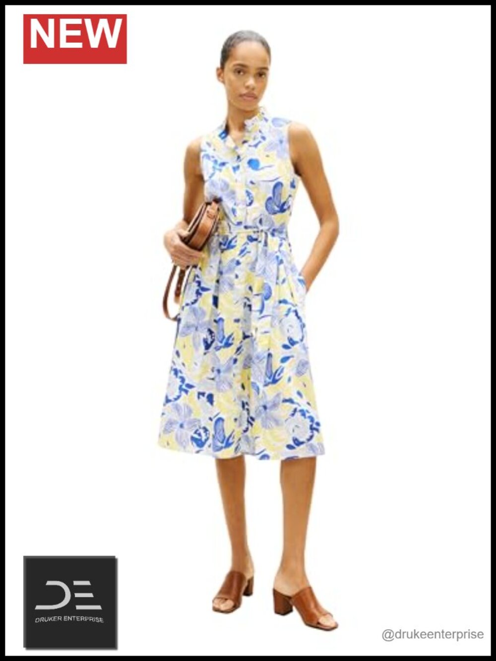 Sleeveless Poplin Shirt Dress Frill Detail Button Up Waist Tie Casual